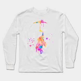 Colorful Pink Baby Elephant With Umbrella Watercolor Painting Long Sleeve T-Shirt